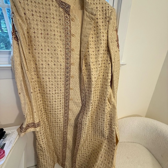 Hand Embroidered Sherwani Jacket and churidaar pants with Floral Accents - Picture 1 of 7